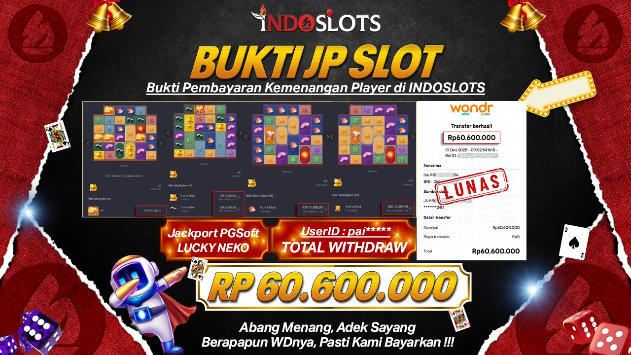 Room Malam Lucky Neko Indoslots Panas, Paij**** Tarik Rp 60,6 Juta Tanpa Drama