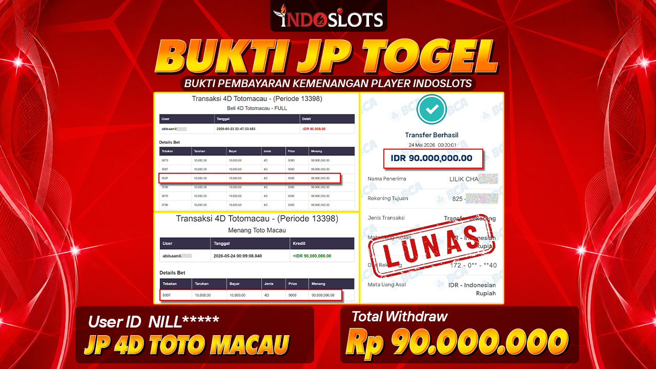 Taruhan Angka 4D Totomacau Di Indoslots Nggak Sia-Sia, Nill**** Tarik Rp 90 Juta