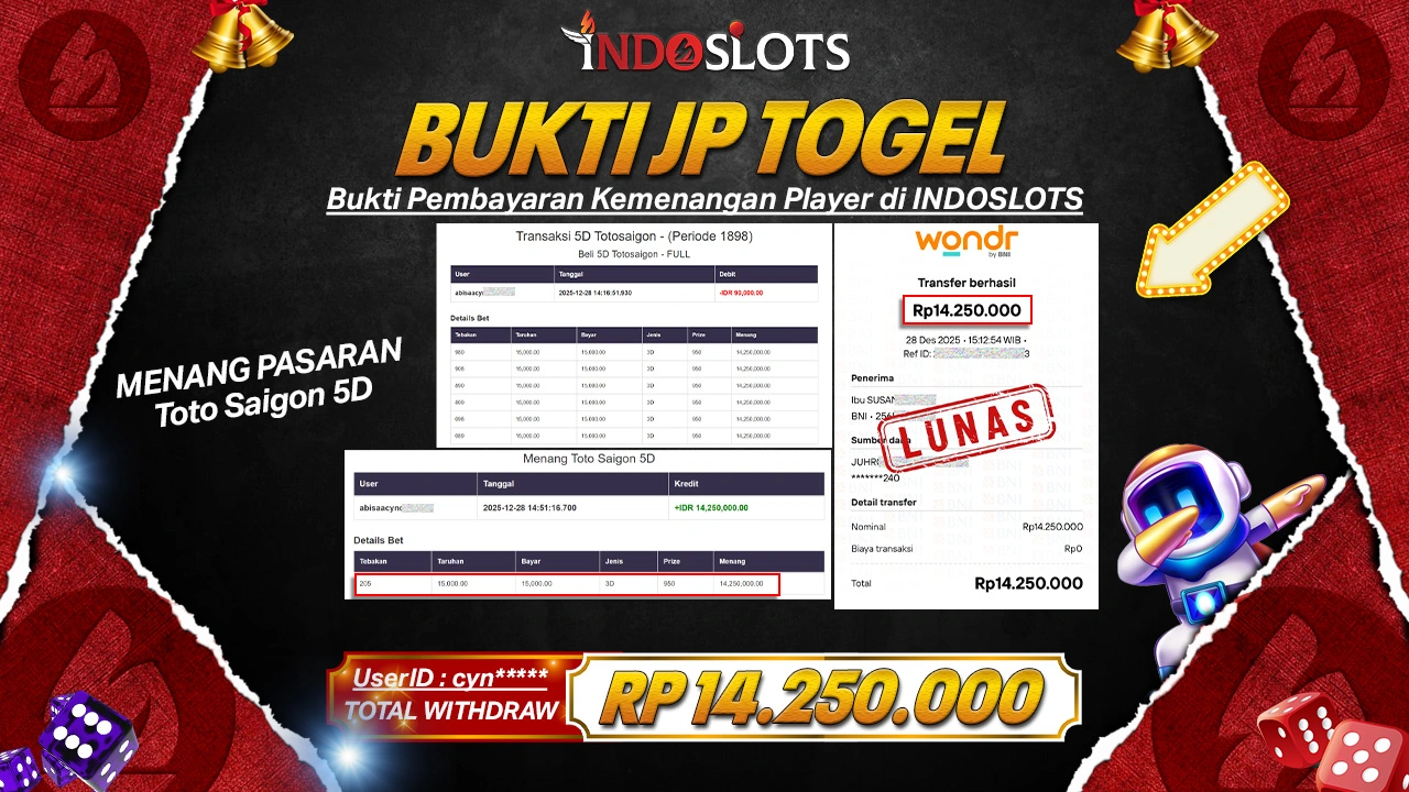 Taruhan Angka 5D Toto Saigon Di Indoslots Nggak Sia-Sia, Cynt**** Tarik Rp 14,25 Juta