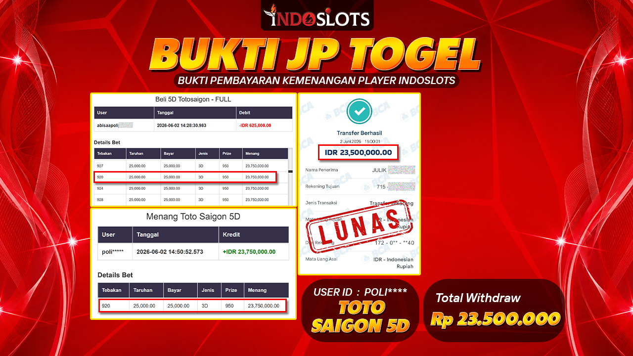 Taruhan Angka Toto Saigon 5D Di Indoslots Nggak Sia-Sia, Poli**** Tarik Rp 23,5 Juta