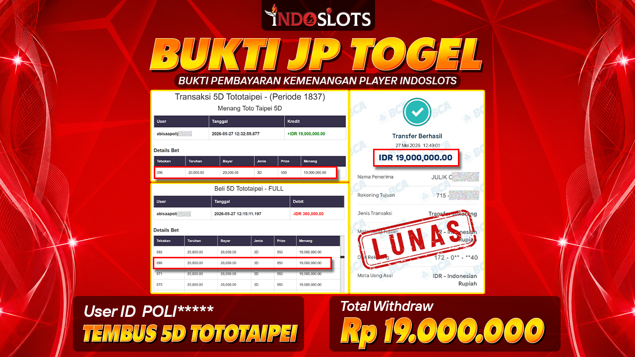 Pasang Santai Di 5D Tototaipei Indoslots, Slip Poli**** Tertulis Rp 19 Juta