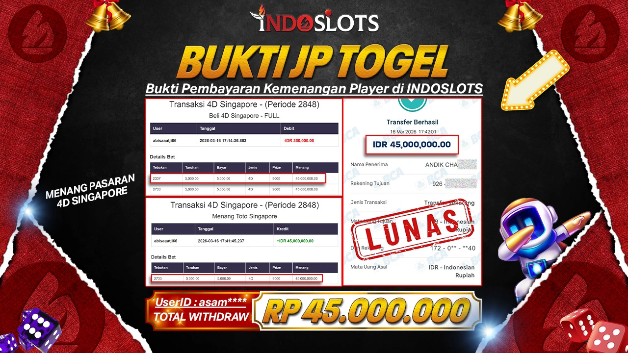 Pasang Santai Di 4D Singapore Indoslots, Slip Asam**** Tertulis Rp 45 Juta