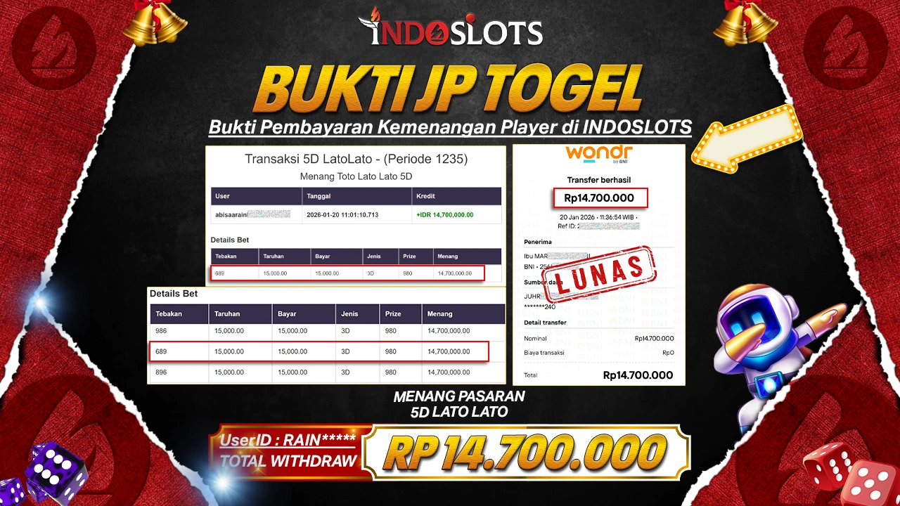 Taruhan Angka 5D Lato Lato Di Indoslots Nggak Sia-Sia, Rain**** Tarik Rp 14,7 Juta